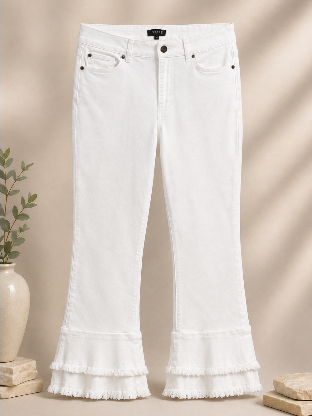 1. State White Tiered Ruffle Hem Flare Jeans (342)